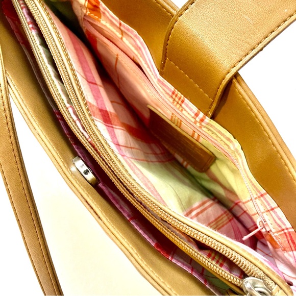 🌼Fossil vintage leather & woven straw shoulder bag w/key fob & pink plaid lining - Picture 4 of 9